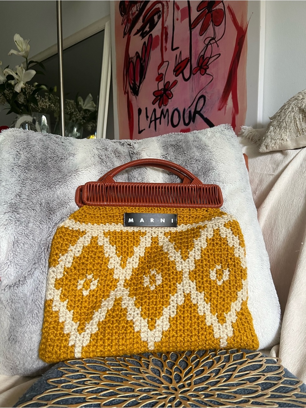Marni Mustard & Cream Crochet Top-Handle Bag NWOT